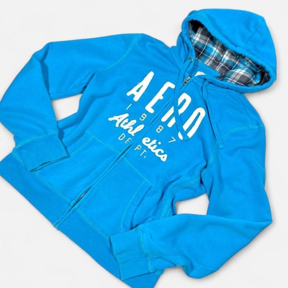 Vintage Y2K Aeropostale Zip Up Hoodie, Blue Plaid, Bella Swan Look, Size XL